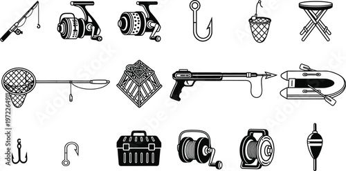 Fishing gear icons include rods, reels, nets, and hooks for angling and aquatic pursuits.
