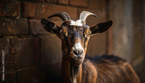 Brown goat with horns gazes forward, brick wall behind, earthy tones, focused animal portrait