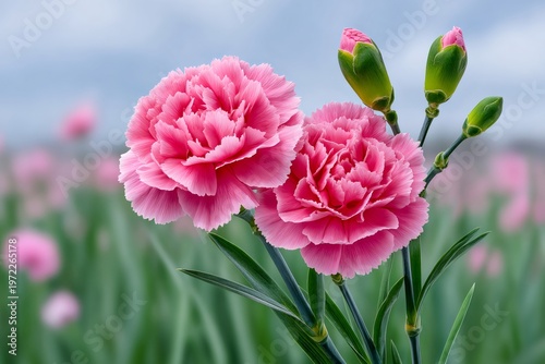 Pink carnation flowers blooming in a lush garden