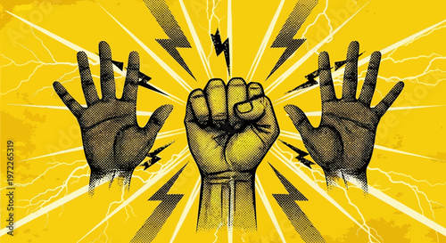 Two hands, one a clenched fist and one open, with lightning bolts symbolizing power and energy on a bright yellow background.