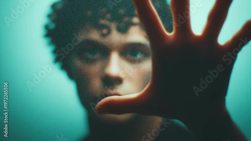 Social justice visual concept, person with hand pressed on textured glass