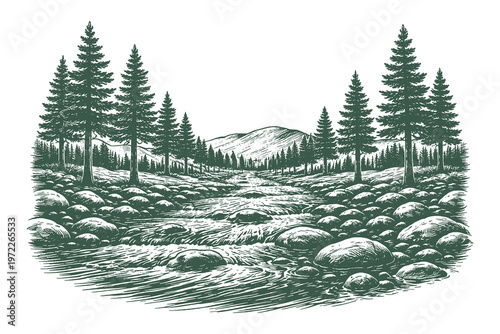Obraz na płótnie Scenic River Stream with Rocks and Lush Pine Forest Landscape Vector Illustratio