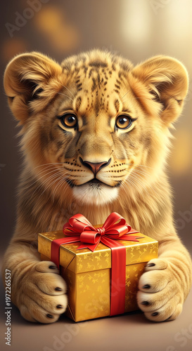 Close-up portrait of a lion cub holding a wrapped gift box with a red bow on a blurred background with warm tones.