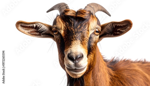 Brown goat's head with horns, direct gaze, isolated against a stark white background, focusing on the animal's face