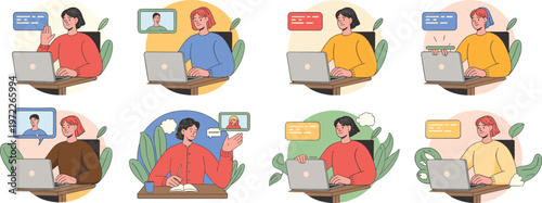 Remote work online communication set people using laptop video call chat messaging digital collaboration flat vector illustration collection isolated background