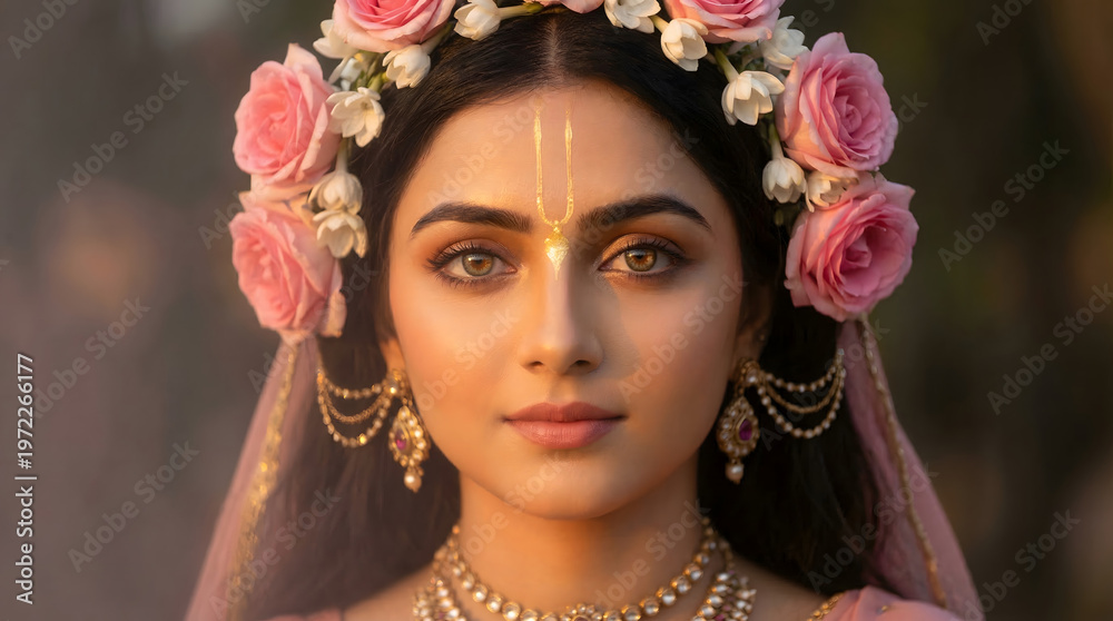 Naklejka premium Radha Rani realistic portrait with rose adornment and traditional jewelry, devotional depiction expressing divine love and bhakti concept background wallpaper