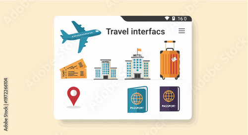 Travel Mobile App Interface with Icons and Airplane Illustration