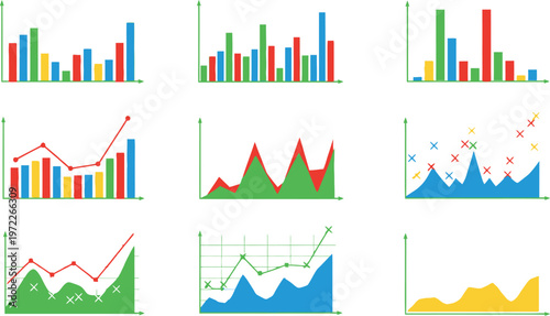 Colorful business charts and graphs, including bar charts and area graphs, present data and trends in a visually engaging manner.
