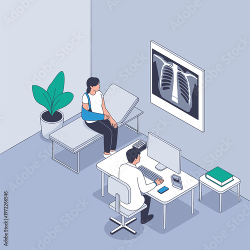 Hospital radiology consultation with doctor and patient reviewing chest x ray diagnosis medical examination healthcare clinic flat vector illustration interior
