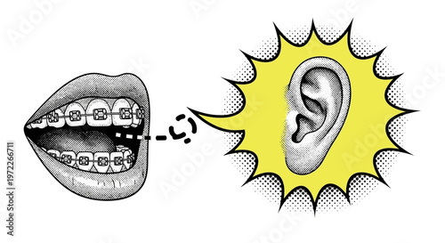 Pop art style open mouth with dental braces speaking to an ear with sound waves, symbolizing clear communication and active listening on isolated white background.