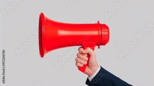 Social justice visual concept, hand holding a bright red megaphone on gray background