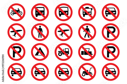 Road Warning Prohibition Icons Red Circular Signs No Entry Parking Vehicle Pedestrian