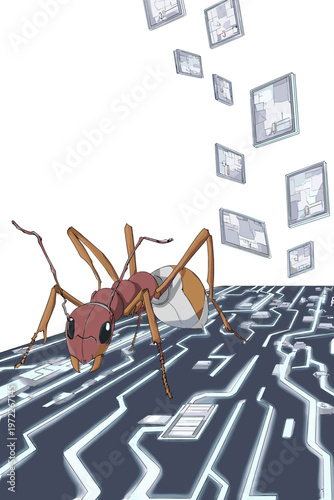 Ant Navigating a Glowing Circuit Maze as Data Packets Float