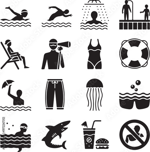 Iconic symbols representing various beach and water activities and precautions