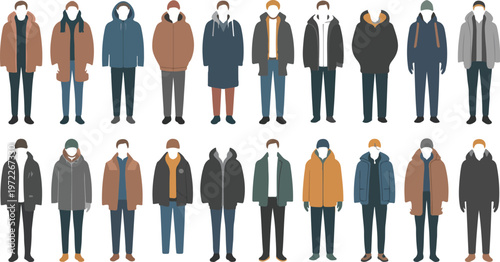 Modern winter fashion collection of outfits with coats pants and beanies arranged in rows clean flat vector design
