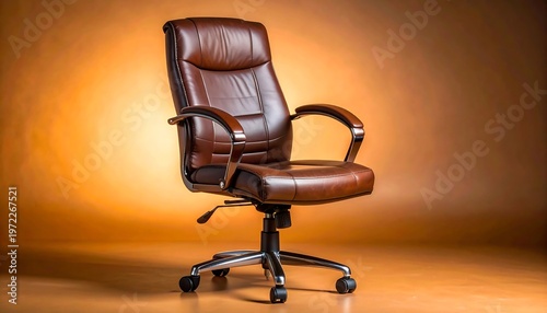 Brown leather office chair with wooden armrests on a chrome base against a gradient orange background