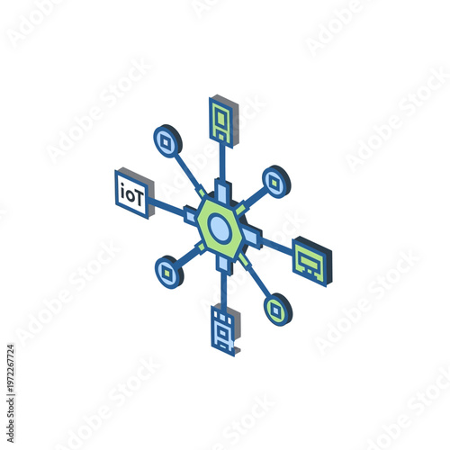 Dynamic isometric diagram showcasing the interconnectedness of smart devices within a robust digital network and the expansive Internet of Things infrastructure
