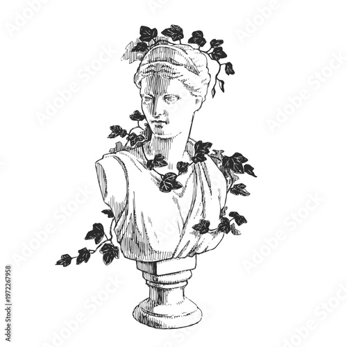Vintage Artemis Bust Statue Overgrown Ivy Leaves Vector Hand Drawn Botanical Ink Sketch Goddess Sculpture 