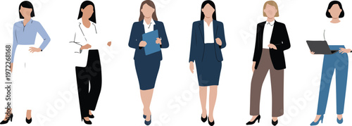 Minimalist illustration of businesswomen in professional outfits flat corporate fashion vector design