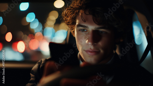 Young driver glancing at a smartphone in a car on a city street at night with blurred lights and heavy traffic, hands near the dashboard moments before impact