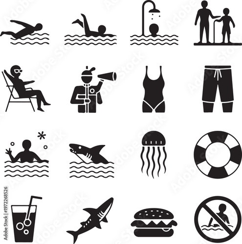 Collection of icons representing beach, pool, and water safety activities