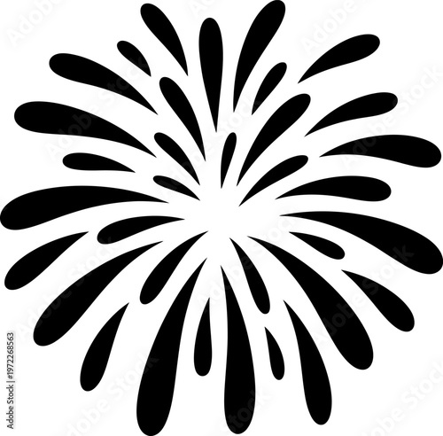 Black abstract radial pattern with teardrop shapes on white background.