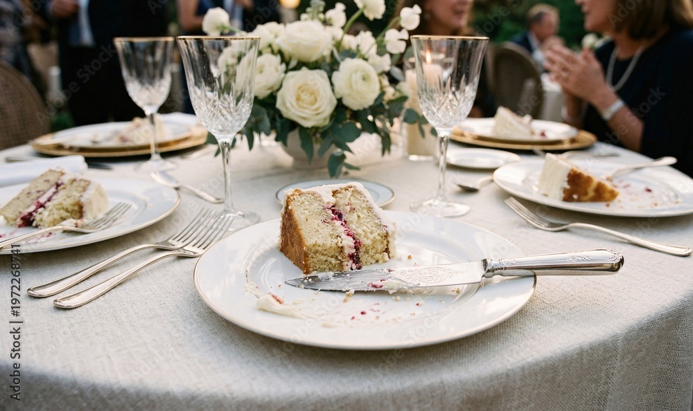 Fototapeta premium silver cake knife resting next to a half-eaten slice of cake on a dessert plate, aftermath of a celebration