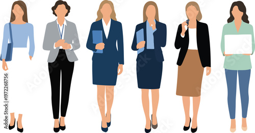 Minimalist illustration of businesswomen in professional outfits flat corporate fashion vector design
