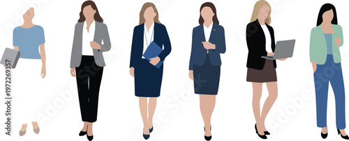 Minimalist illustration of businesswomen in professional outfits flat corporate fashion vector design
