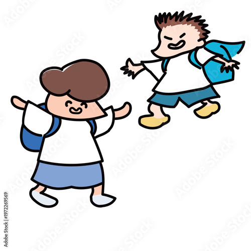 リュックでのんびり登校するおっとり小学生と元気な友だち