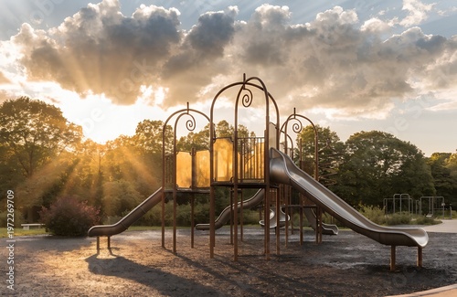 Empty Playground at Sunset – Childhood Nostalgia and Silence Concept
