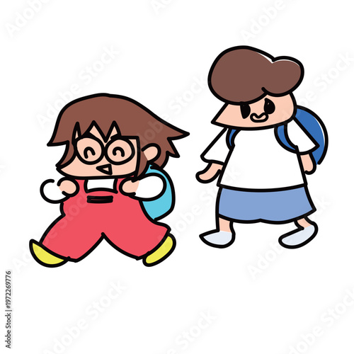 リュックでのんびり登校するおっとり小学生とめがねの友だち
