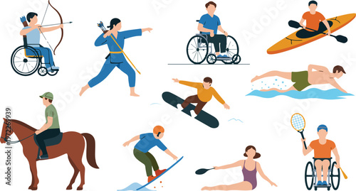 Modern inclusive sports collection featuring para athletes in various activities archery martial arts surfing and horseback riding flat vector