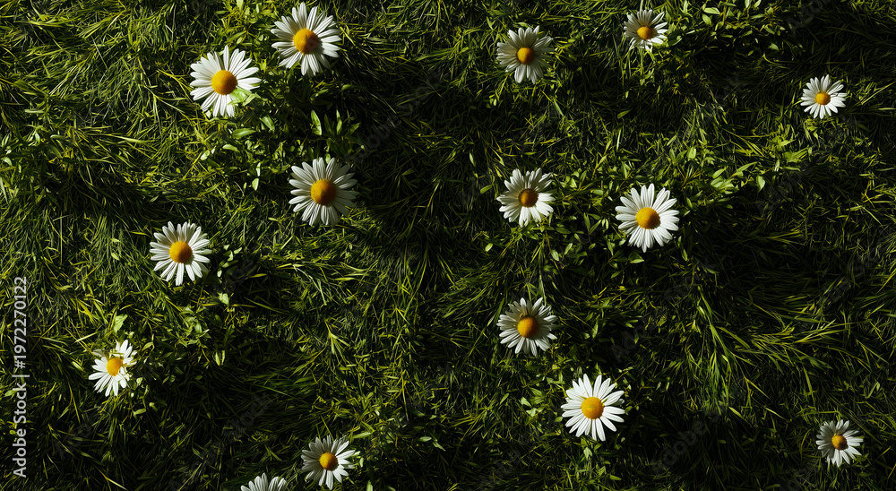 Fototapeta premium White chamomile flowers on green background