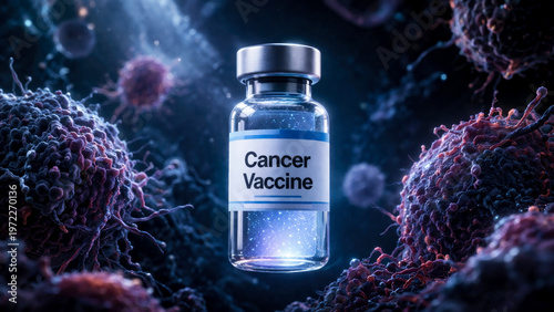 Cancer vaccine vial levitating in mid air against blue cancer background representing future of oncology treatment
