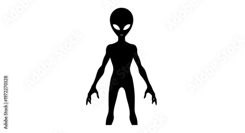Black Silhouette of an Alien Figure with Large Eyes on White Background