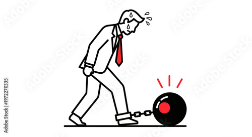Businessman dragging heavy ball and chain, symbolizing debt and burden