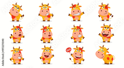 Cute Cartoon Cow Character Set with Various Emotions and Poses