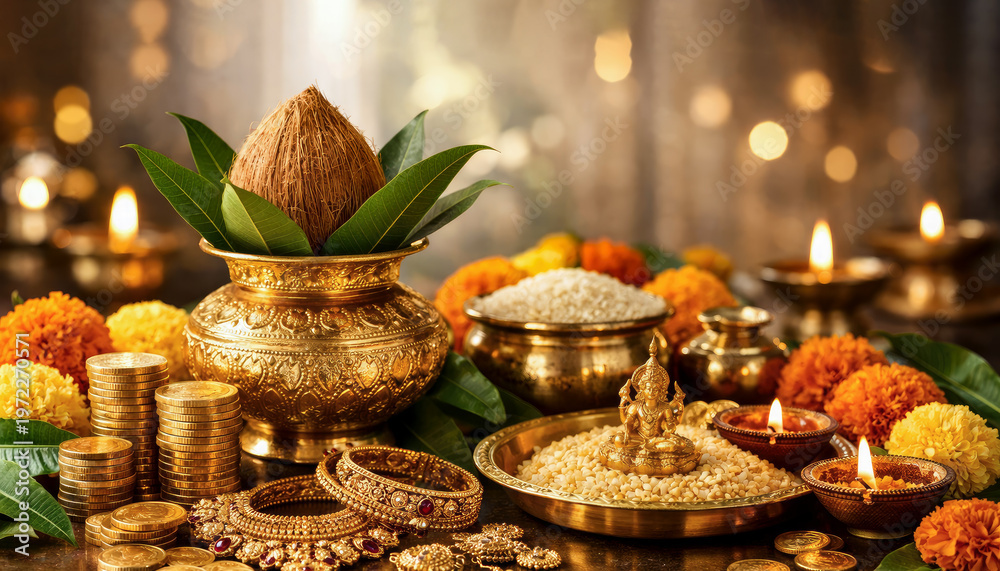 Fototapeta premium Elegant akshaya tritiya festival background with golden elements traditional decorations and spiritual symbolism
