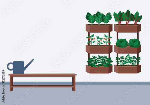 Indoor vertical wall garden with growing plants and a watering can on a bench with copy space