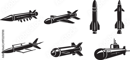 Black silhouette illustrations of various missiles and torpedoes