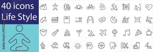 Lifestyle icon set featuring wellness, fitness, travel, hobbies, fashion, and daily routine symbols. Clean vector icons ideal for personal development, health, and lifestyle projects.