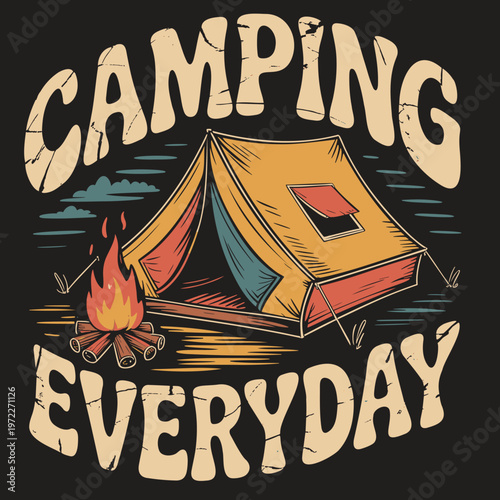 Camping themed t-shirt design with tent and marshmallow stick campfire