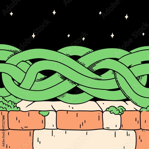 Overhead view of glowing green Celtic knotwork interwoven bands