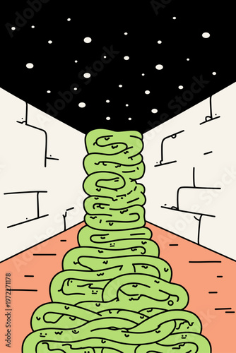 Overhead view of glowing green Celtic knotwork interwoven bands