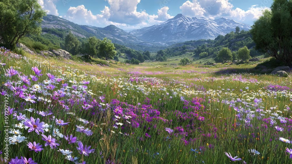Obraz premium Vibrant spring meadow filled with colorful blooming wildflowers under soft natural light creating a peaceful scenic landscape in full seasonal beauty 