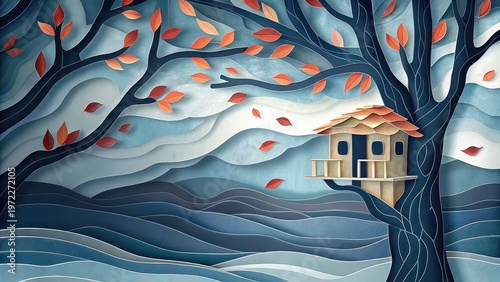 Autumn treehouse with falling leaves in layered paper cut landscape, seasonal illustration, cozy nature scene, poster design, wall art background