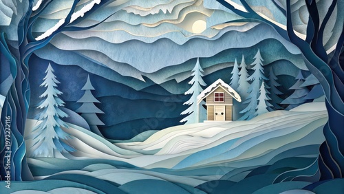 Snowy cabin in winter forest with moonlight, layered paper cut landscape illustration, cozy holiday scene, greeting card, poster, wall art