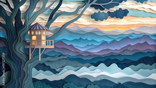 Treehouse overlooking layered mountains at sunset, warm glowing windows, paper cut landscape illustration, travel poster, scenic wall decor
