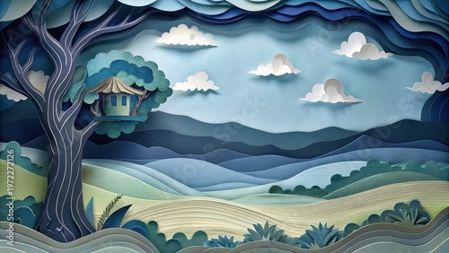 Minimal treehouse landscape with rolling hills and clouds, soft layered paper cut illustration, modern nature background, branding, poster design